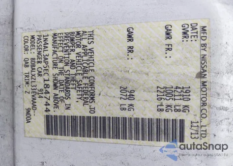 2014 Nissan Altima 2.5 Sl из США, поврежденный, VIN 1N4AL3AP5EC184744